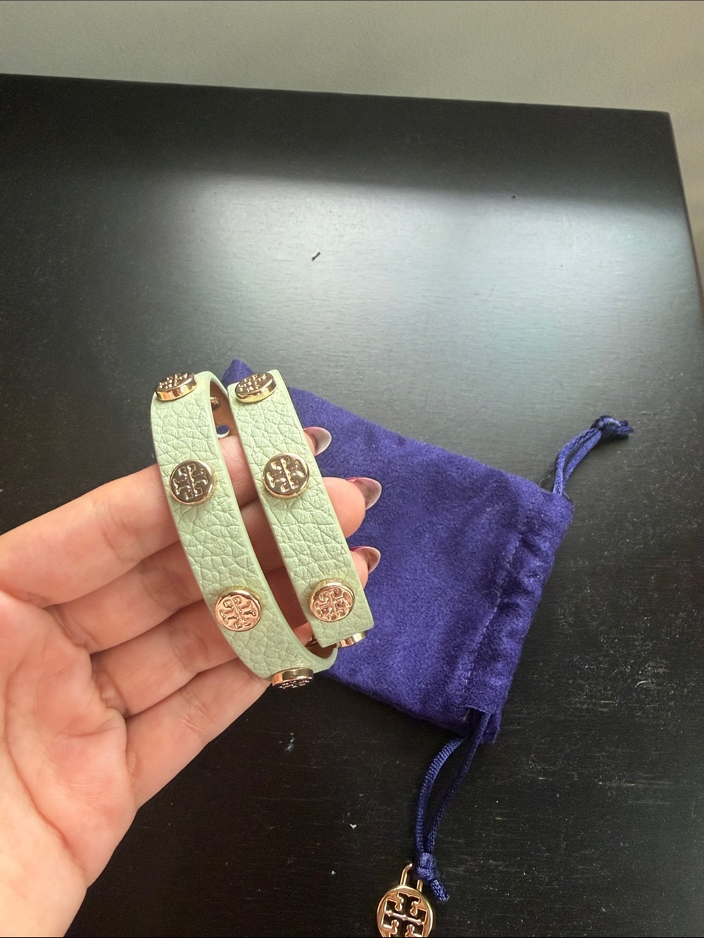 Tory Burch Mint Green Leather Double-Wrap Bracelet with Gold Logos